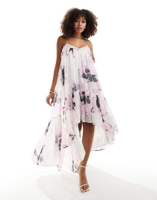 ASOS DESIGN Robe trapeze longue en mousseline avec bords effiloches et imprime fleuri