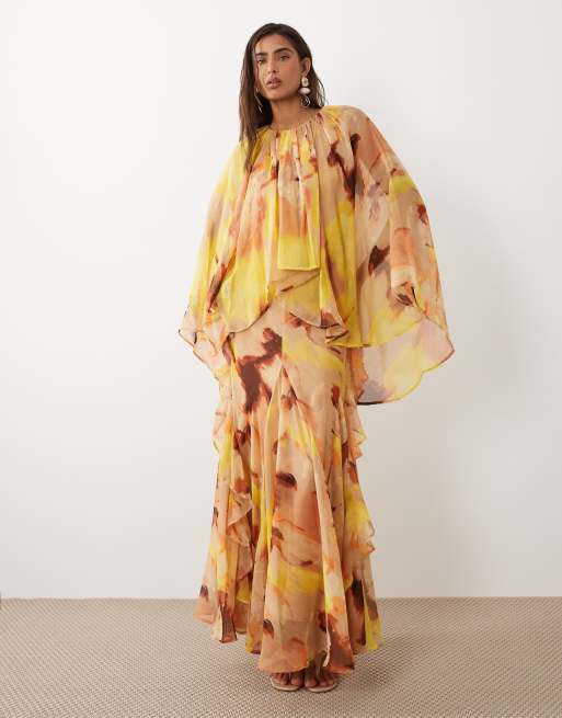 ASOS DESIGN - Robe trapèze longue en mousseline imprimé fleuri avec volants et superposition - Jaune, 2 de 4