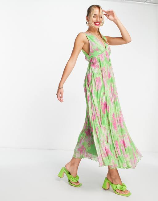 ASOS DESIGN Robe trap ze longue pliss e col en V et imprim floral Vert