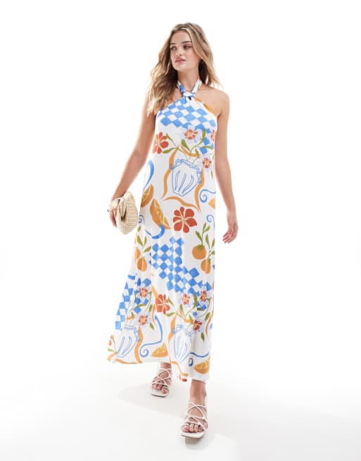 ASOS DESIGN - Robe trapèze mi-longue à imprimé carte postale avec détail noué et dos nu