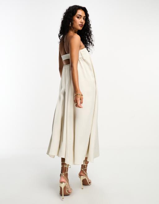 ASOS DESIGN Robe trapeze mi longue en satin a corsage bandeau Champagne