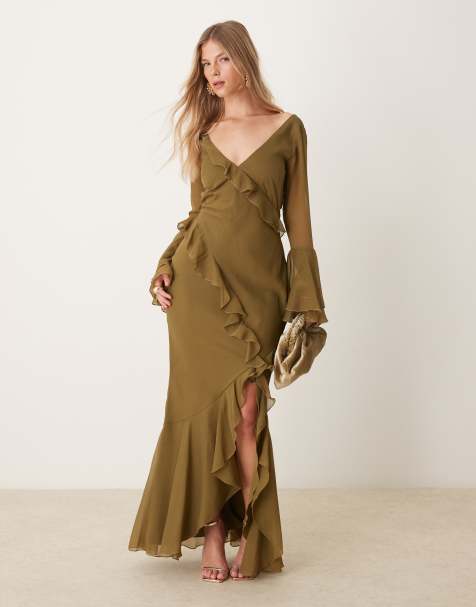 ASOS DESIGN - Robe volantée longue à manches longues avec col V et découpe au dos - Vert kaki - view 1