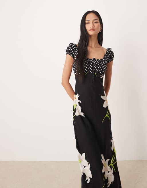 ASOS DESIGN - Robe volantée longue à pois et imprimé fleuri avec encolure dégagée et détail noué, 4 de 4