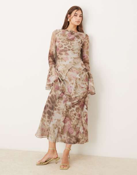 ASOS DESIGN - Robe volantée longue à surpiqûres avec imprimés fleuri et animal - view 1