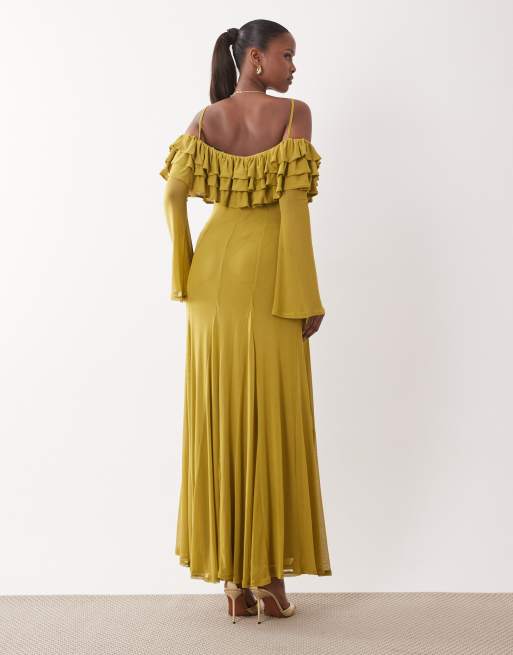 ASOS DESIGN - Robe volantée longue en tulle à épaules dénudées et godets - Chartreuse, 4 de 4