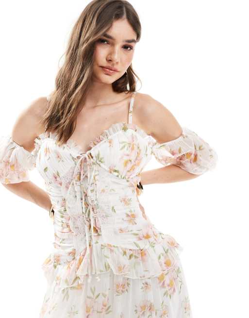 ASOS DESIGN - Robe volantée mi-longue à imprimé fleuri corsage lacé et encolure bardot