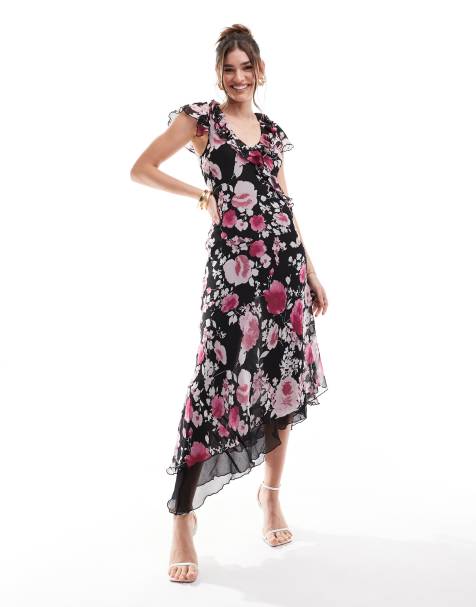 ASOS DESIGN - Robe volantée mi-longue à manches évasées et imprimé fleuri - Noir - view 1