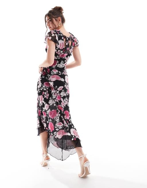 ASOS DESIGN - Robe volantée mi-longue à manches évasées et imprimé fleuri - Noir, 3 de 4