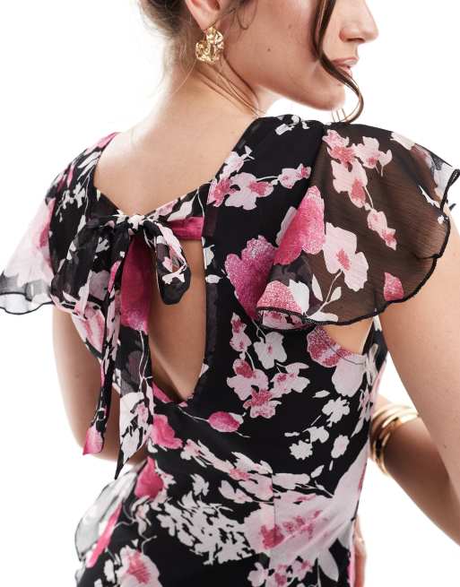 ASOS DESIGN - Robe volantée mi-longue à manches évasées et imprimé fleuri - Noir, 4 de 4