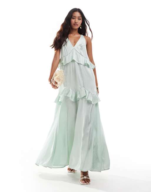 ASOS DESIGN - Robe volantée mi-longue en satin avec encolure dégagée et bretelles croisées dans le dos - Vert sauge