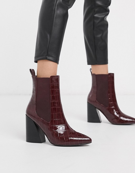 ASOS DESIGN Rocco pointed heeled boots in burgundy croc
