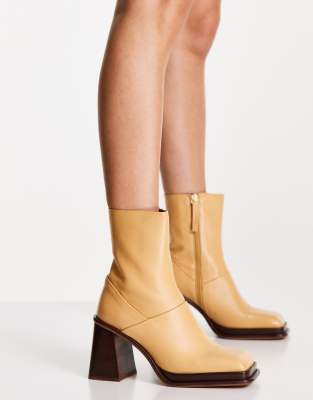 ASOS DESIGN Rochelle premium leather platform heeled boots in camel-Neutral