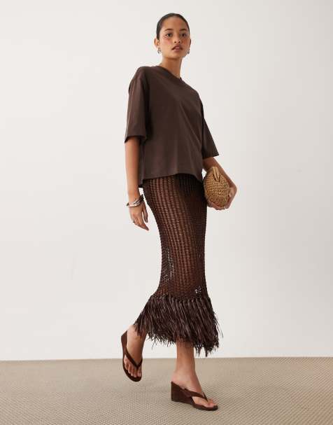 ASOS DESIGN – Rock in Schokobraun mit Fransensaum und Lochmuster, Kombiteil - view 1