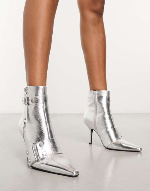 ASOS DESIGN Rocker studded kitten heel boots in silver