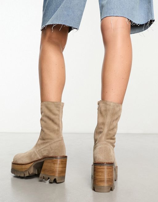 ASOS DESIGN Rocky leather chunky platform boots in taupe suede