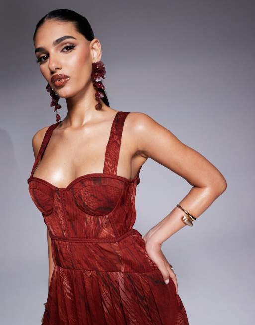 ASOS DESIGN – Röd, abstrakt mönstrad maxiklänning med kupor och flätad detalj, 3 av 4