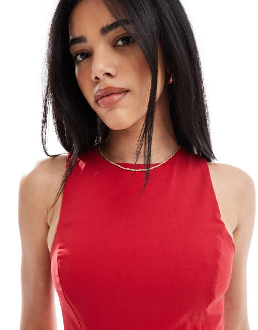 ASOS DESIGN – Röd, ärmlös midiklänning i bengalintyg med korsettmidja, 2 av 4