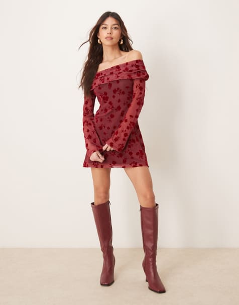 ASOS DESIGN – Röd, asymmetrisk miniklänning i flockad mesh med nedvikt kant - view 1