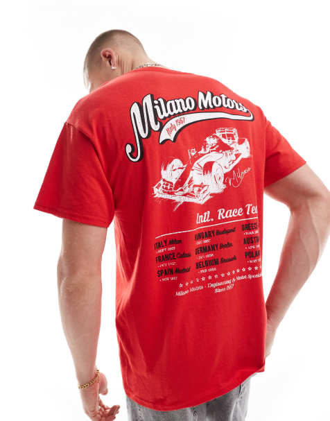 ASOS DESIGN – Röd, avslappnad t-shirt med sportigt biltryck baktill - view 1