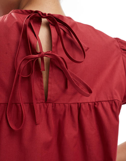 ASOS DESIGN – Röd babydoll-klänning i poplin med smock och puffärmar, 3 av 4