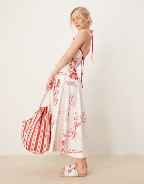ASOS DESIGN – Röd, blommig midaxiklänning med fyrkantig ringning och repdetaljer - view 1