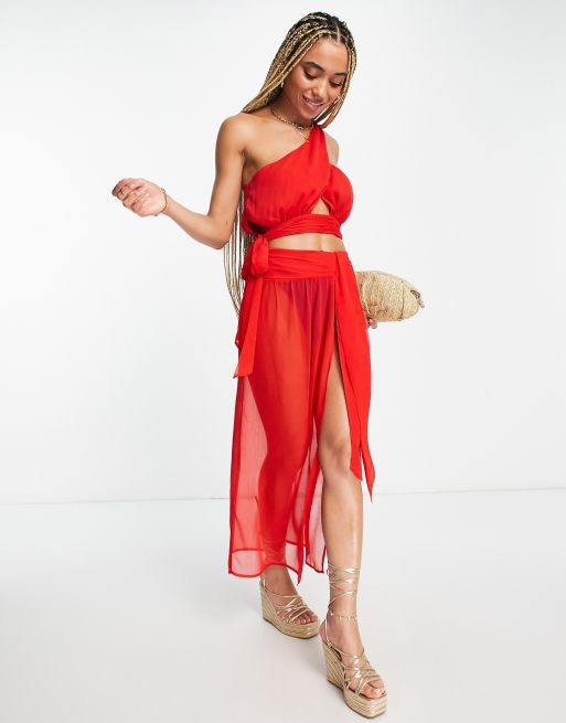 ASOS DESIGN – Röd draperande strandkjol i chiffong med maxilängd och knytning, del av set