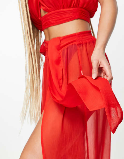 ASOS DESIGN – Röd draperande strandkjol i chiffong med maxilängd och knytning, del av set, 2 av 4