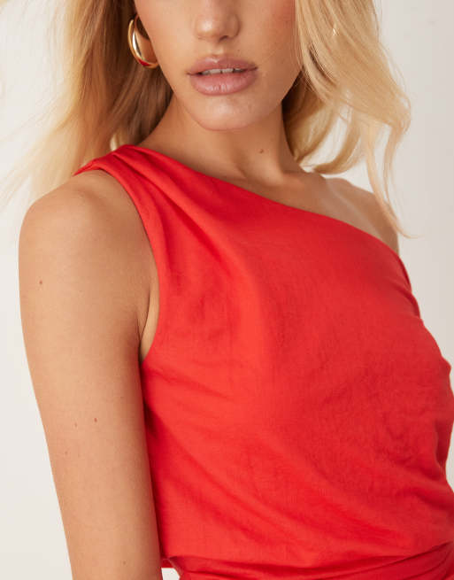 ASOS DESIGN – Röd, enaxlad topp i linnestil med drapering, 3 av 4