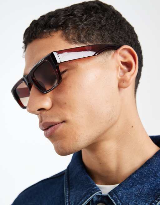 ASOS DESIGN – Röd, genomskinliga, grova, rektangulära solglasögon med bruna glas, 3 av 3