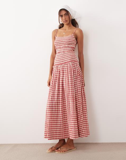 ASOS DESIGN – Röd, ginghamrutig, krinklad maxiklänning med smockad, sänkt midja - view 1
