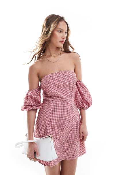 ASOS DESIGN – Röd ginghamrutig miniklänning med bardotringning och puffärmar - view 1