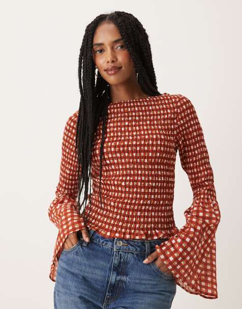ASOS DESIGN – Röd, ginghamrutig och smockad topp med utsvängda ärmar - view 1