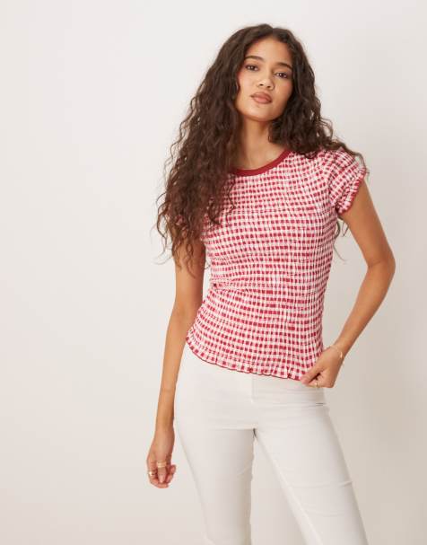 ASOS DESIGN – Röd, ginghamrutig t-shirt med smock - view 1