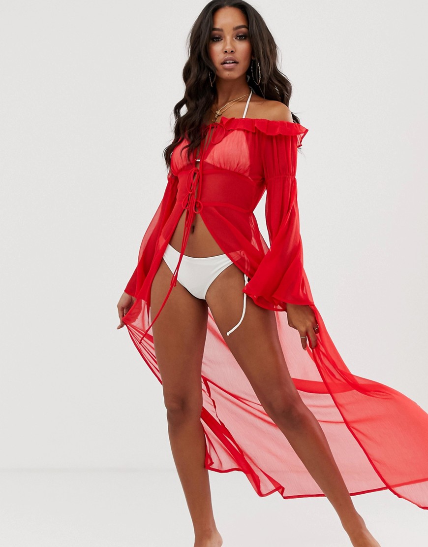 ASOS DESIGN – Röd, glammig strandkimono i lång off shoulder-modell