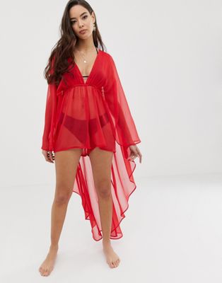 ASOS DESIGN – Röd glammig strandplaysuit i chiffong med cape baktill