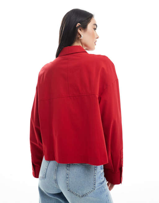ASOS DESIGN – Röd, kort skjorta i bomull med boxig passform och ficka, 2 av 4