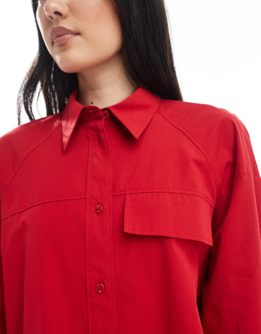 ASOS DESIGN – Röd, kort skjorta i bomull med boxig passform och ficka, 3 av 4