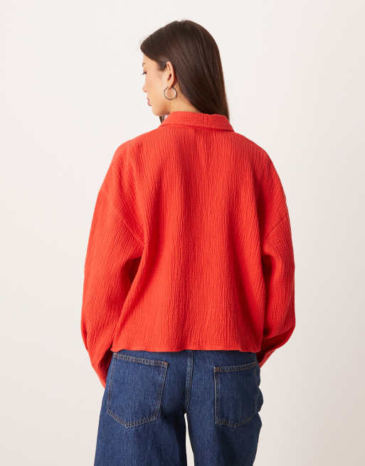 ASOS DESIGN – Röd, kort skjorta i texturerad bomull, 4 av 4