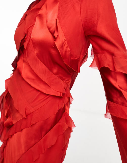ASOS DESIGN – Röd, långärmad maxiklänning i satin- och chiffongmix med volang, 2 av 4