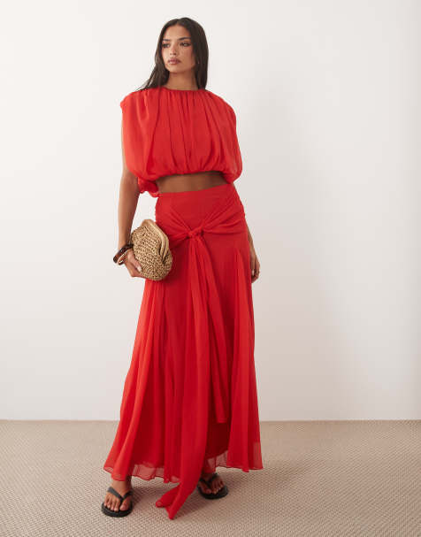 ASOS DESIGN – Röd maxikjol i chiffong och draperad detalj - view 1