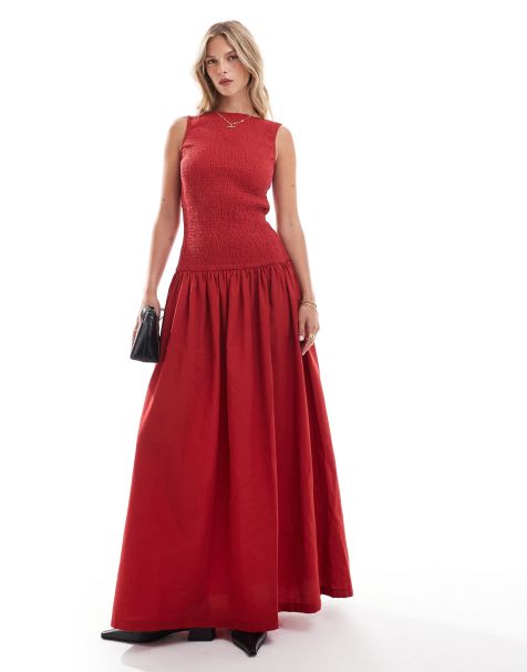 ASOS DESIGN – Röd maxiklänning i poplin med smockad sänkt midja - view 1