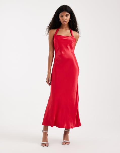 ASOS DESIGN – Röd maxiklänning i satin med halterneck - view 1