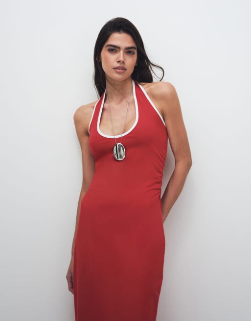 ASOS DESIGN – Röd midiklänning med halterneck och vita kontrastkanter, 2 av 4
