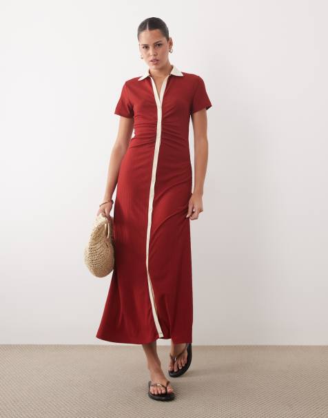 ASOS DESIGN – Röd midiklänning med holkärmar, knäppning framtill och kontrasterande kantband - view 1