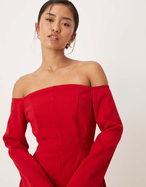 ASOS DESIGN – Röd miniklänning med bardotringning och dekorativ söm, 4 av 4