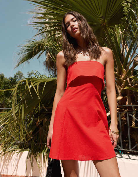 ASOS DESIGN – Röd miniklänning med nedvikt detalj och bandeauringning - view 1