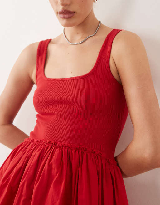 ASOS DESIGN – Röd miniklänning med ribbat liv, djup ringning och poplinkjol, 3 av 4