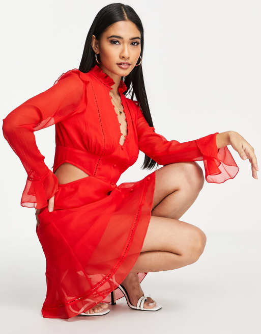 ASOS DESIGN – Röd miniklänning med volang och knappdetalj, 4 av 4