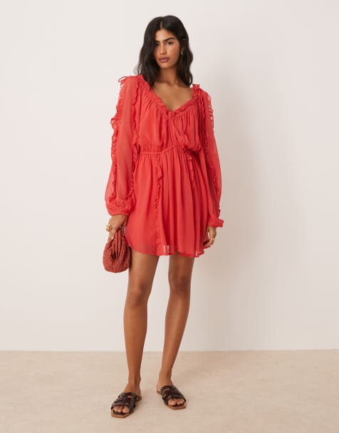 ASOS DESIGN – Röd miniklänning med volang, v-ringning och knytning framtill - view 1