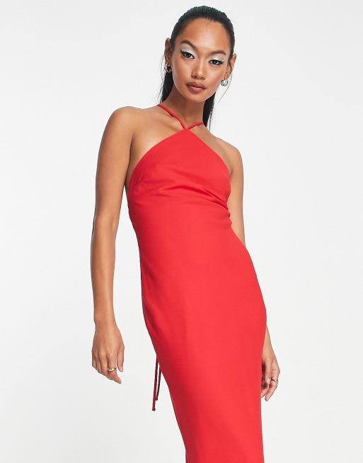 ASOS DESIGN – Röd mjuk maxiklänning med diagonalskuren halterneck, 3 av 4